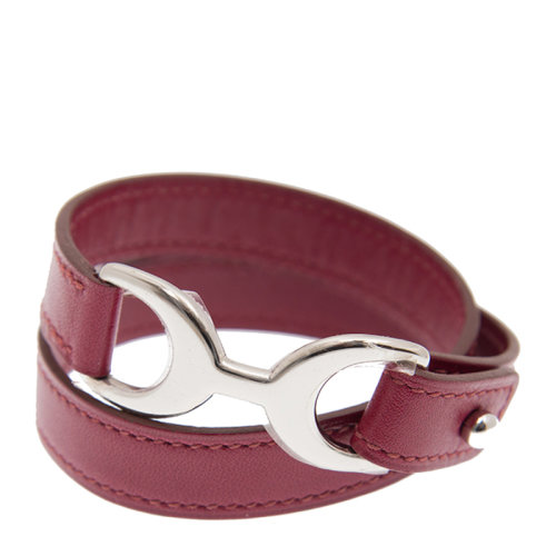 HERMES/愛馬仕 女士 紅色皮革銀扣手帶 女士手鏈 PAVANEBRAB5SS