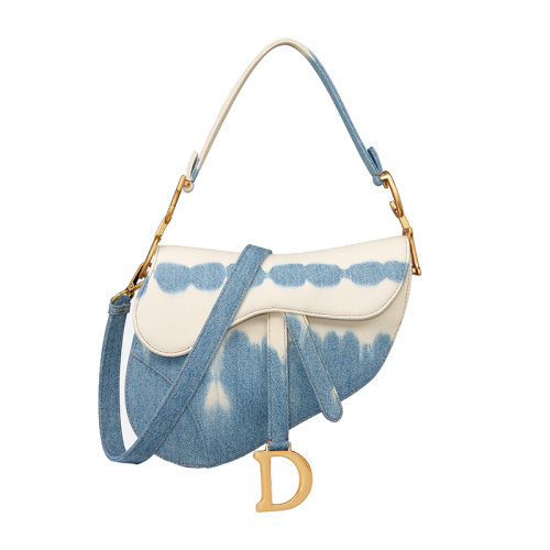 DIOR/迪奧 22新款SADDLE系列 女士藍(lán)色染色牛仔復(fù)古金色手柄刺繡寬肩帶手提肩背斜挎包M0455CJAW_M928