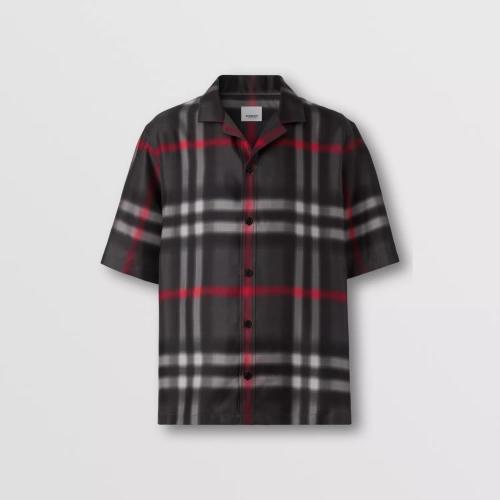  BURBERRY 22年秋冬 男士 模糊格紋絲質(zhì)短袖襯衫 80572931