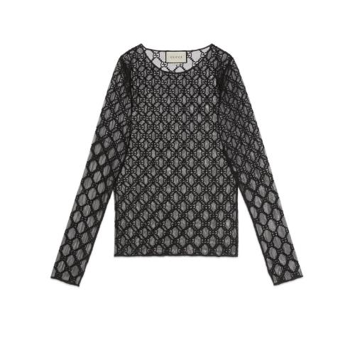  GUCCI古馳 22年秋冬 女士 GG 刺繡薄紗 T?恤 574407 XJA86 1000 預(yù)定商品2-6周發(fā)貨