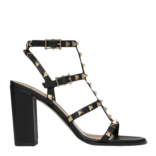 Valentino/華倫天奴 女士純色小牛皮經(jīng)典鉚釘裝飾露趾高跟鞋粗跟鞋涼鞋女鞋 WW2S0749-VBP 多色可選