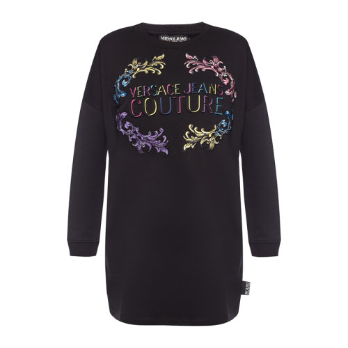 VERSACE JEANS/范思哲牛仔 女士黑色棉質(zhì)混紡聚酯纖維彩色字母徽標(biāo)印花裝飾圓領(lǐng)長(zhǎng)袖連衣裙衛(wèi)衣裙 D2HUB465-30296-899