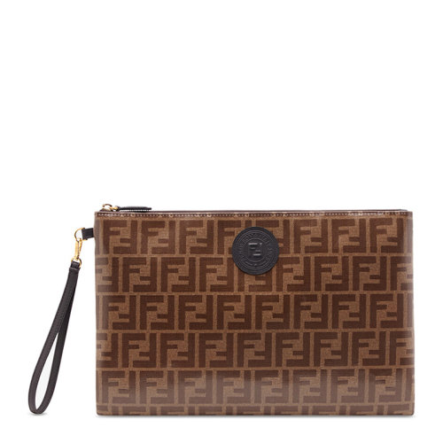 FENDI/芬迪 女士雙F印花棕色拉鏈?zhǔn)帜冒X包女包 8N0178-A5K4-F14TU