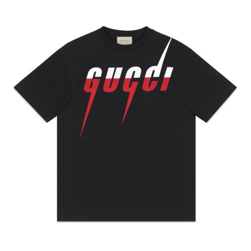  GUCCI/古馳 男士黑色純棉拼色字母鋒刃印花短袖T恤 565806 XJAZY 1141