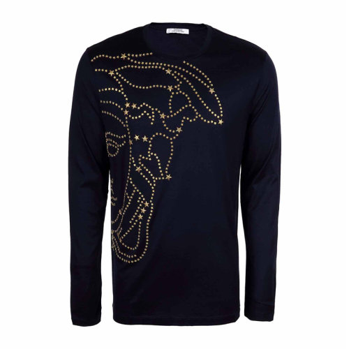VERSACE JEANS/范思哲牛仔 男士深藍(lán)色棉質(zhì)經(jīng)典美杜莎頭像裝飾長袖上衣毛衣針織衫套頭衫 V800734-VJ00295-V7023