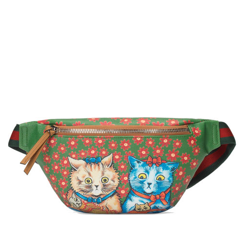 GUCCI/古馳  兒童款粉色綠色拼色帆布貓貓圖案印花斜挎包腰包5095UR7AN3775