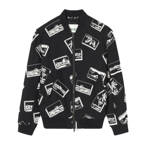 Kenzo 高田賢三  男士黑色棉質(zhì)混紡圖案印花裝飾拉鏈短款飛行服外套夾克