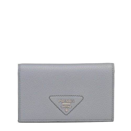 PRADA/普拉達(dá) 22春夏新款 女士矢車菊藍(lán)灰色皮革徽標(biāo)翻蓋錢包1MV020_2BBE_F0591