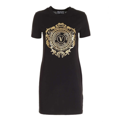 VERSACE JEANS/范思哲牛仔 女士黑色棉質(zhì)經(jīng)典字母徽標(biāo)印花裝飾圓領(lǐng)短袖連衣裙 D2HWA4FA-30454-K42