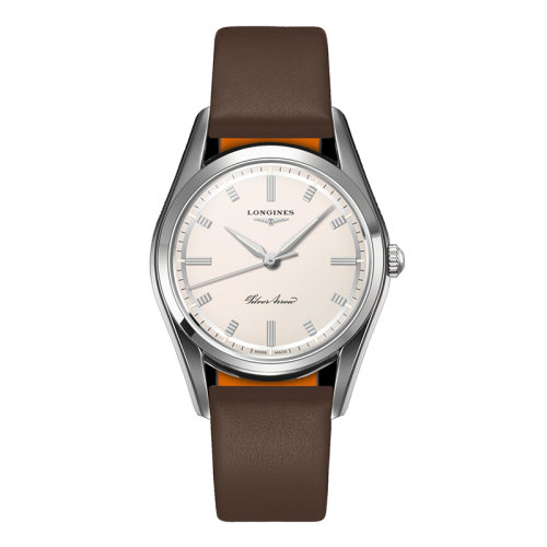 LONGINES/浪琴 經(jīng)典復(fù)刻系列 男女通用精鋼表殼自動(dòng)機(jī)械機(jī)芯銀色表盤(pán)棕色皮表帶38.5毫米手表L2.834.4.72.2