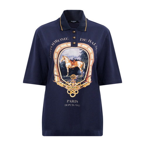 Balmain/巴爾曼 藏青色 女士圖案印花Oversized短袖Polo衫 UF00301I608  秋冬