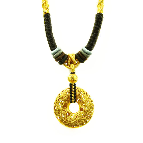 GJY/古金玥  花開富貴  古法鏨刻黃金平安扣精編古法金吊墜