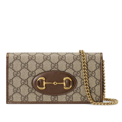 GUCCI/古馳 1955系列 棕色皮革拼接老花帆布經(jīng)典馬蹄扣翻蓋鏈條錢包單肩包 ??62189292TCG8563