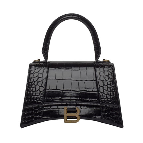 Balenciaga/巴黎世家 HANDLE HOURGLASS 黑色鱷魚(yú)皮壓紋小牛皮配以陳年金色涂層小號(hào)單肩手提沙漏包 5935461LRGM1000