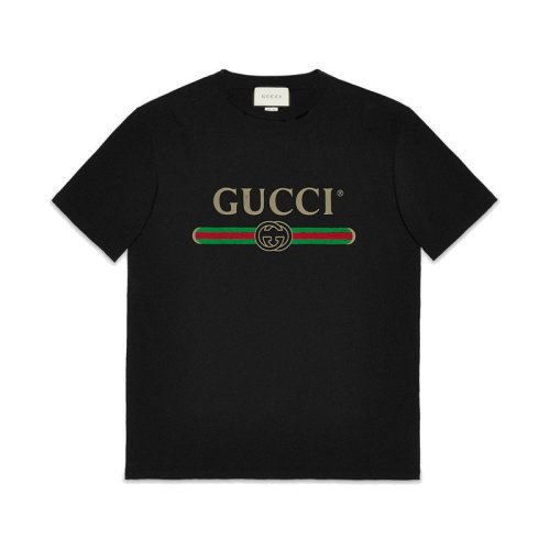 GUCCI/古馳  經(jīng)典款女士黑色印花字母大碼短袖T恤