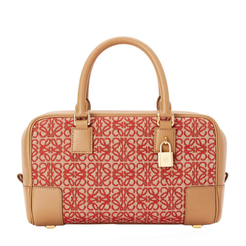 Loewe/羅意威 22春夏新款A(yù)mazona 23系列 女士紅色提花布和棕色牛皮革Anagram壓紋可手提斜挎單肩包 0010640720