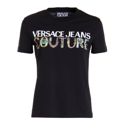 VERSACE JEANS/范思哲牛仔 女士純色棉質(zhì)經(jīng)典字母徽標(biāo)印花裝飾圓領(lǐng)短袖上衣T恤 71HAHF03-CJ00F 多色可選