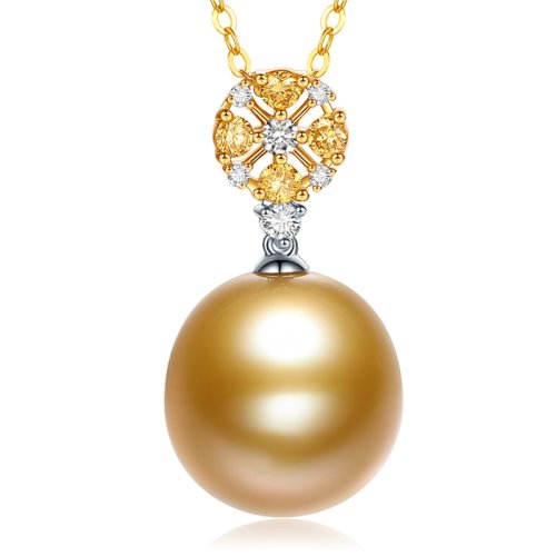 【新款】SANDYRILLA/仙蒂瑞拉 濃金色12-13mm海水珍珠吊墜18K金鉆石吊墜