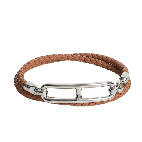 HERMES/愛馬仕 22春夏新款Roulis系列 金棕色小牛皮銀色豬鼻扣編織雙圈手鏈H071727FP37