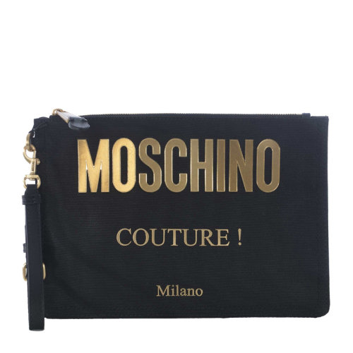 MOSCHINO/莫斯奇諾 女士黑色尼龍字母徽標(biāo)裝飾拉鏈開合錢包卡包手包腕包手拿包女包 B8407-8205-1555
