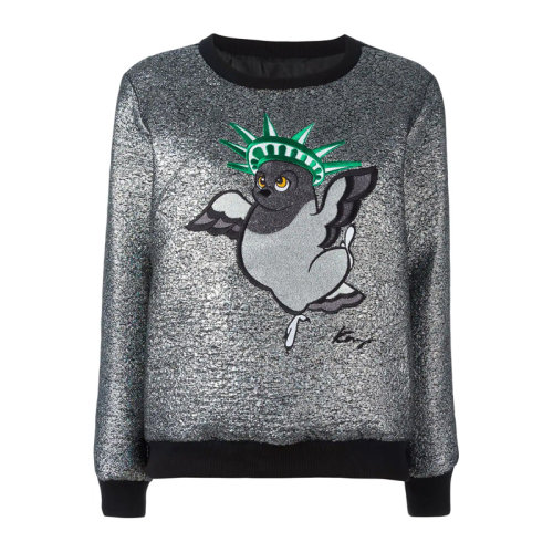 Kenzo 高田賢三  女士銀色棉質(zhì)自由鴿圖案時尚圓領長袖T恤衛(wèi)衣