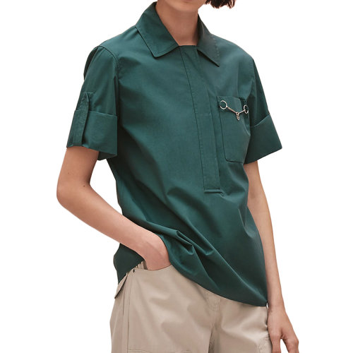 HERMES/愛馬仕 22年春夏新款 女士翡翠綠色純棉防水府綢Polo風(fēng)格的開襟短袖襯衫H2E0607DJ6Y36