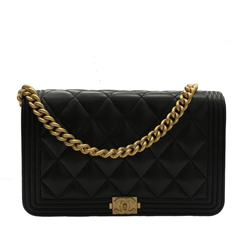 CHANEL/香奈兒 經(jīng)典BOY系列 黑色畫面羊皮金扣雙C鏈條單肩WOC包