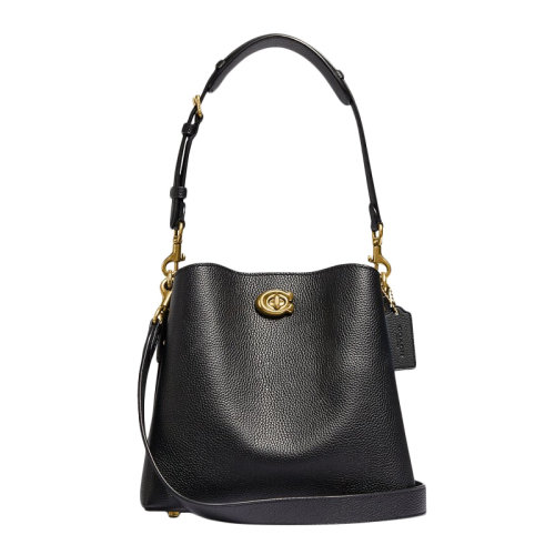 COACH/蔻馳【專柜款】女士黑色拋光卵石皮革旋鎖按扣開合單肩包斜挎包手提包水桶包女包 C3916B4BK