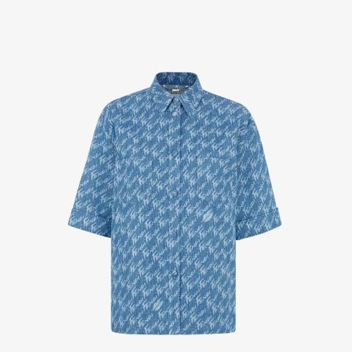  FENDI芬迪 22年秋冬 女士 短袖襯衫 淺藍(lán)色青年布襯衫 FLF641AJK2F1H3F