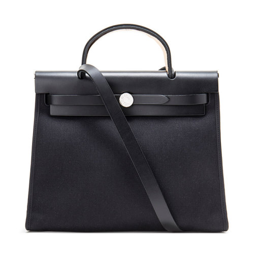 HERMES/愛(ài)馬仕  Herbag Zip 31 牛皮帆布 女包 手提單肩斜挎包 黑色銀扣