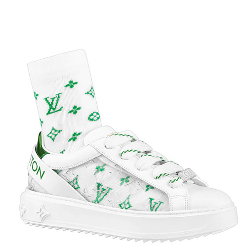 Louis Vuitton/路易威登 22年早春新款 TIME OUT系列 女士白色牛皮革綠色老花襪子混合材質(zhì)運(yùn)動(dòng)鞋1A9Q08
