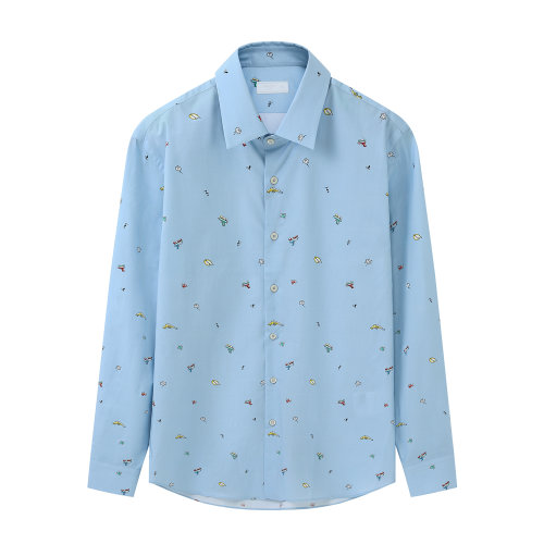 PRADA/普拉達 藍色 男士通體迷你印花彈力府綢襯衫 UCM608_1VYQ_F0012