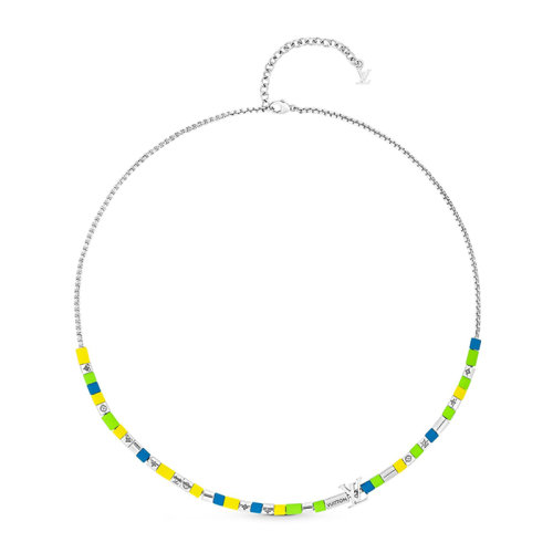 Louis Vuitton/路易威登 22春夏新款LV SUNRISE系列 黃綠藍銀啞光樹脂配金屬串珠銀色徽標(biāo)造型吊飾項鏈M00651