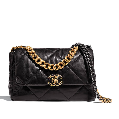CHANEL/香奈兒 經(jīng)典款CHANEL 19系列 黑色小羊皮 金銀拼色鏈扣大號(hào)斜挎單肩包