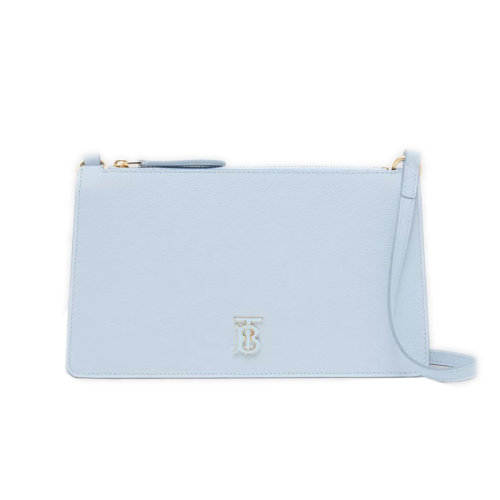 BURBERRY/博柏利 22新款 女士淺藍色粒面皮革拉鏈開合金色字母拋光金屬飾面皮表帶手拿包80606421