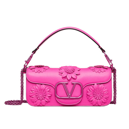 Valentino/華倫天奴 22新款 LOCò系列 女士粉色小牛皮同色飾面磁性口翻蓋開合拆卸滑動鏈貼花花卉單肩包1W0B0K30PESUWT