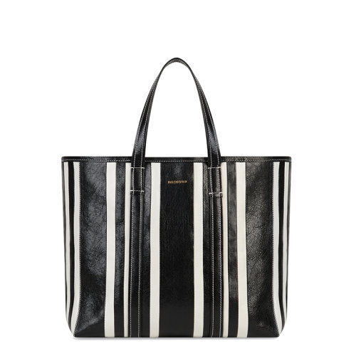 Balenciaga/巴黎世家 20  EAST-WEST BARBES系列 女士中號黑色小羊皮黑白條紋拼布手提購物包6714091VGAN1090