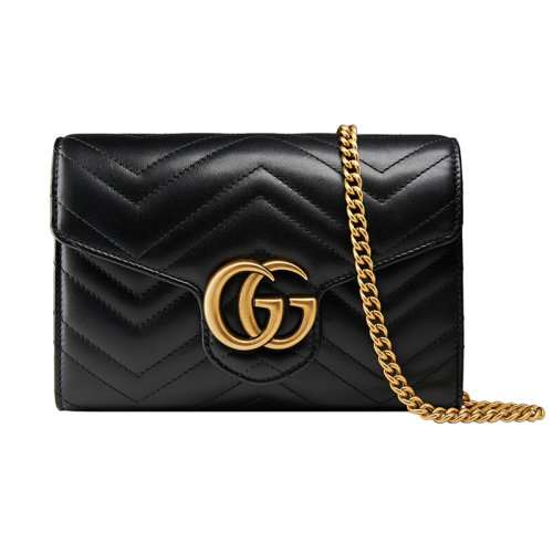 GUCCI/古馳 2020新款GG Marmont系列 女士黑色縫人字形皮革金色雙G斜跨單肩包 474575DTD1T1000