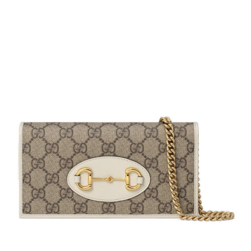 GUCCI/古馳 2020早秋新款1955系列 白色皮革拼接老花帆布經(jīng)典馬蹄扣翻蓋鏈條錢包單肩包 62189292TCG9761