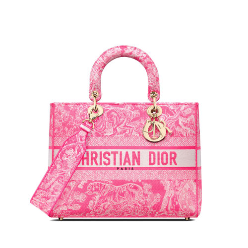 DIOR/迪奧 22新款LADY D-Lite系列 女士大號熒光粉織物茹伊印花刺繡手袋M0566OROC_M956