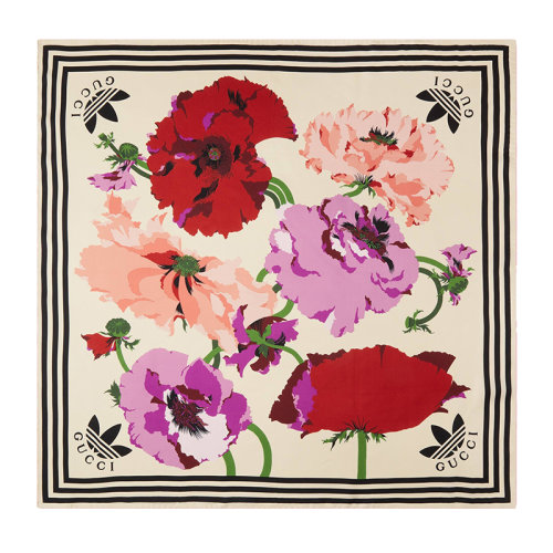 GUCCI/古馳 22年秋冬新款 adidas聯(lián)名系列 女士象牙白色桑蠶絲加大花朵印花圍巾絲巾方巾6925943G0011972