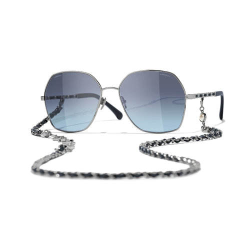 Chanel/香奈兒 22年春夏新款 女士漸變藍(lán)色鏡片暗銀色/藍(lán)色金屬與小牛皮鏡框飾鏈條方框太陽(yáng)眼鏡墨鏡A71447X27388L0812