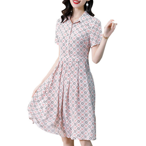 GeleiStory/GeleiStory   春夏新款短袖翻領(lǐng)格紋收腰顯瘦真絲連衣裙子  女裝＞女士裙裝＞女士連衣裙