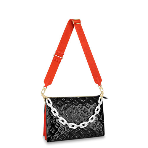 Louis Vuitton/路易威登 22春夏新款COUSSIN系列 女士中號(hào)黑色/橘紅色漆面牛皮革羊皮革襯料老花壓印白色鏈條配可拆卸肩帶單肩斜挎手提鏈條包M20369
