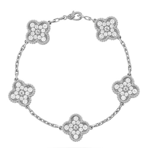 Van Cleef & Arpels/梵克雅寶 經(jīng)典Vintage Alhambra系列 18k金白金鑲鉆5四葉草手鏈VCARA41500