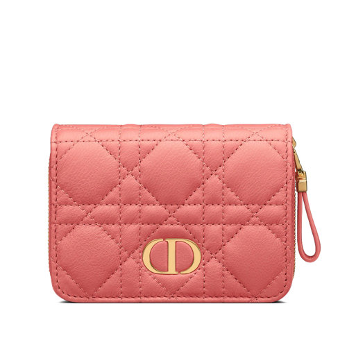 Dior/迪奧 22新款CARO系列 女士珊瑚粉色小牛皮藤格紋緝面線(xiàn)帶拉鏈緊湊型錢(qián)包 S5032UWHC_M76P
