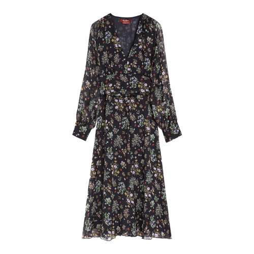 MaxMara/麥絲瑪拉 22年早春新款 GAZZA系列 女士深藍色真絲雪紡碎花連衣裙6221042706002