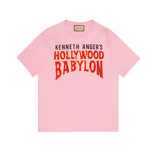 GUCCI/古馳 22年春夏新款 愛的進(jìn)行曲系列 男女同款粉色純棉Hollywood Babylo印花短袖T恤