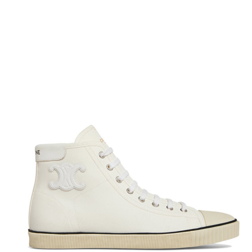 CELINE/賽琳 22年早春新款 BLANK系列 女士米白色織物/牛皮革側(cè)面TRIOMPHE貼飾高幫運(yùn)動鞋帆布鞋343202006C.01OW