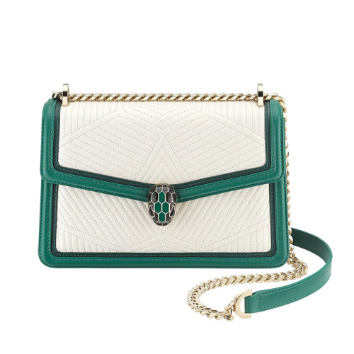 BVLGARI/寶格麗 Serpenti Diamond Blast系列 白色小羊皮滾邊綠色皮革點(diǎn)綴經(jīng)典琺瑯蛇首鏈條斜跨單肩包